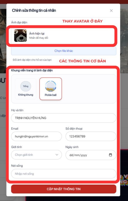 Bảng điền th&ocirc;ng tin v&agrave; thay đổi ảnh đại diện