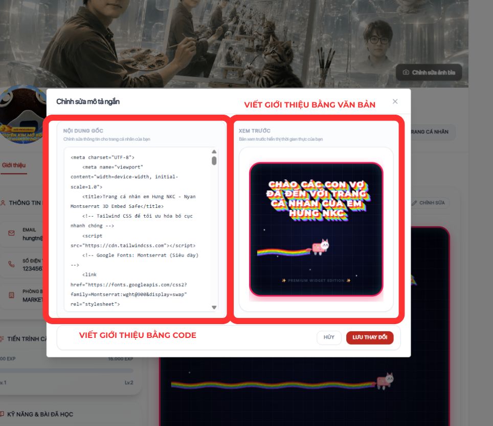 Tr&igrave;nh chỉnh sửa v&agrave; xem trước code giới thiệu bản th&acirc;n