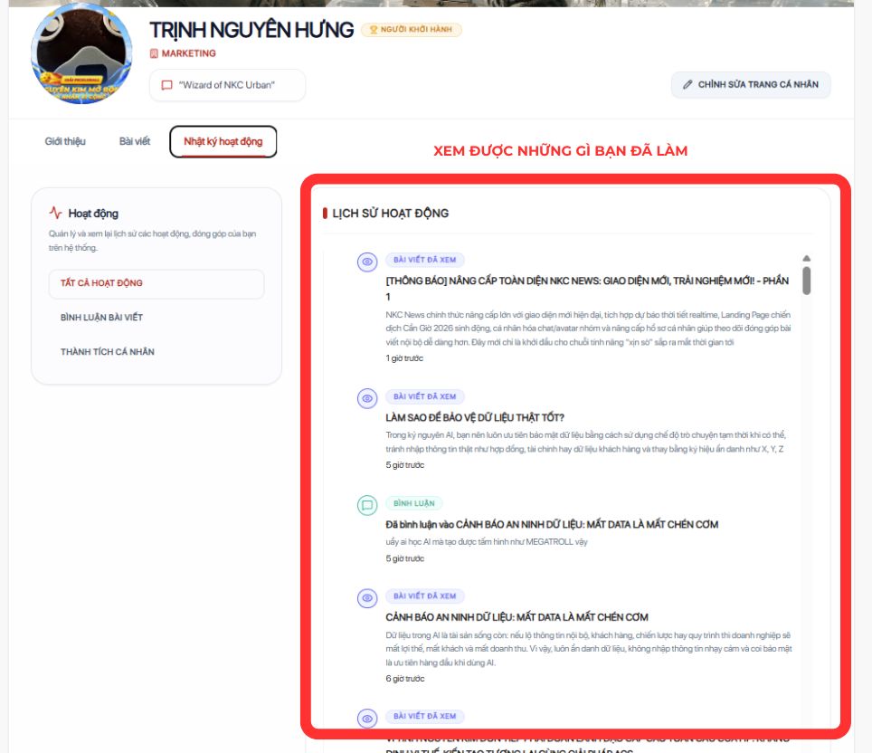 D&ograve;ng lịch sử tất cả hoạt động